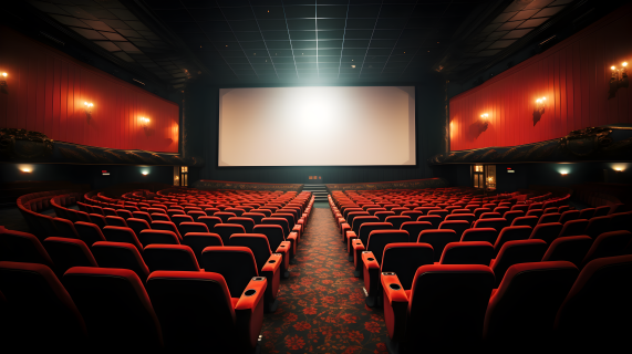 红色座椅白屏幕的电影院摄影图片