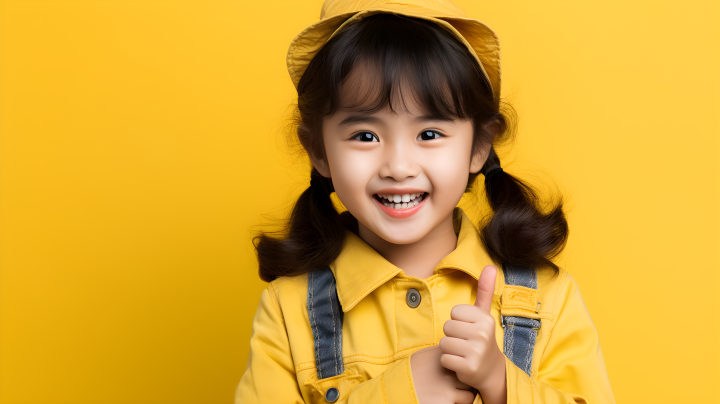 黄色背景下微笑的亚洲小女孩摄影版权图片下载