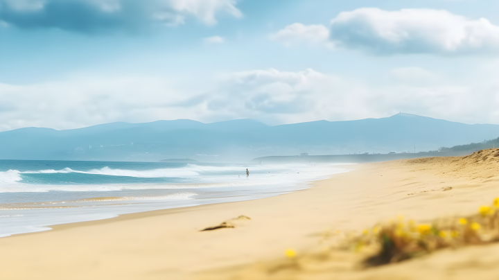 海边的沙滩远处的云朵超逼真写实风格摄影版权图片下载