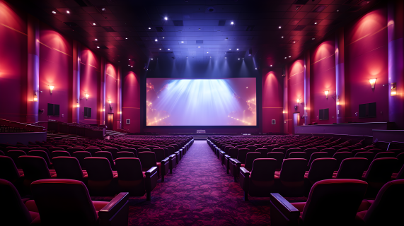 明亮紫色与深红色的空电影院座椅摄影图片