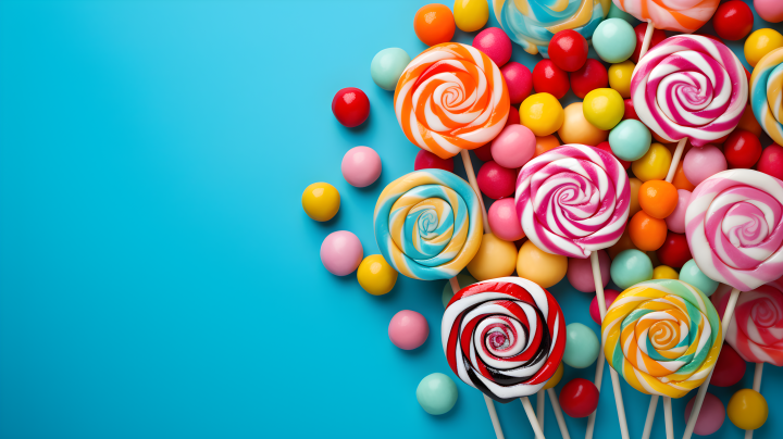 梦幻蓝色背景下的五彩棒棒糖和糖果摄影版权图片下载