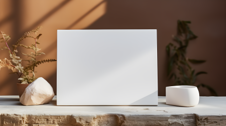 白石桌上的空白盒子摄影图片