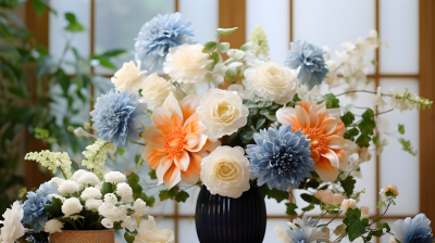 浅橘色与浅米色风格的蓝白花卉摄影图片
