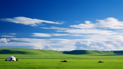 蓝天白云远处的白色蒙古包摄影图片
