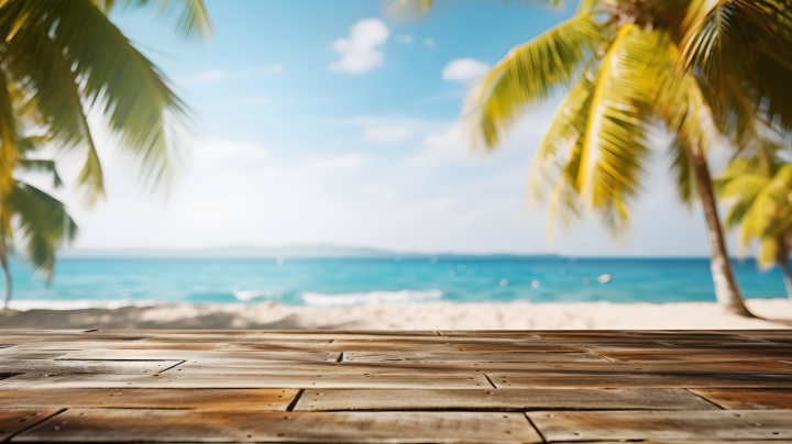 沙滩上的木桌，棕榈树与蓝天海景摄影版权图片下载