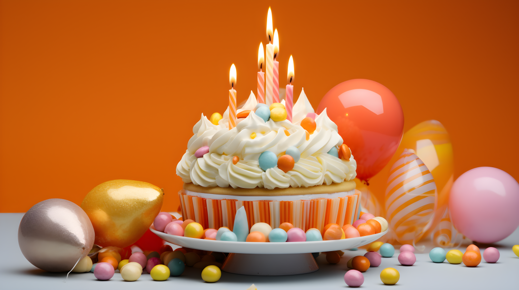 生日蛋糕点燃的蜡烛和糖果帽子摄影图片