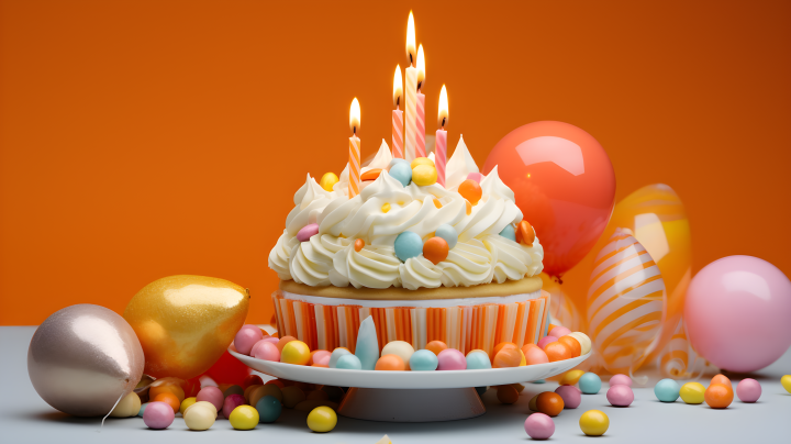 生日蛋糕点燃的蜡烛和糖果帽子摄影版权图片下载