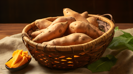 精美浅橙色32K UHD摄影图片：甜美的篮子里的中国红薯