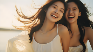 活力亚洲女孩白色无袖裙真实瞬间摄影图