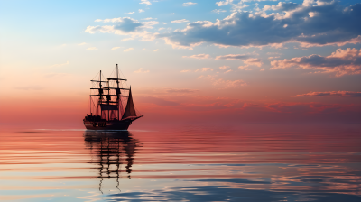 历史情怀的渔船在宁静水面中行驶摄影图