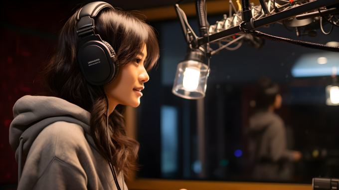 录音室中戴着耳机的亚洲女孩摄影图