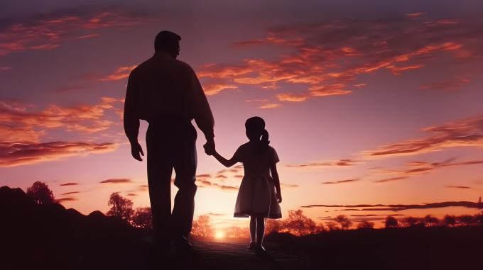 父女手牵日落摄影图