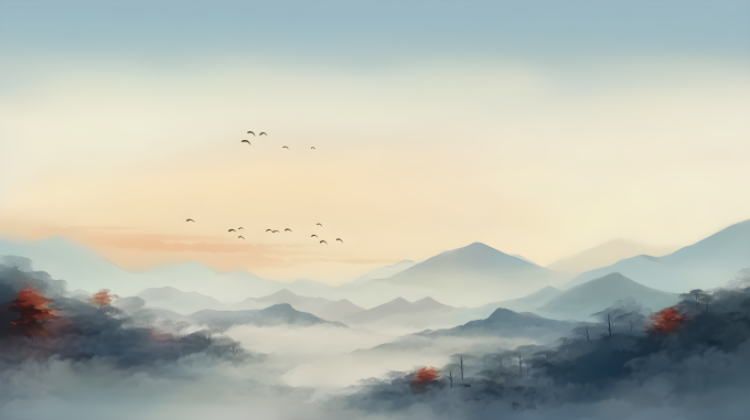 山水烟雾中的静谧高清图