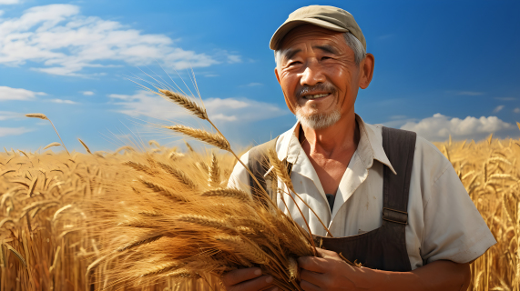 丰收喜悦的中国农夫:摄影图片
