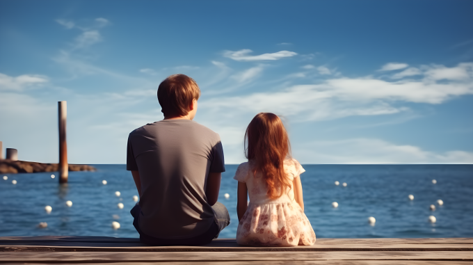 父女背对大海的栈桥摄影图