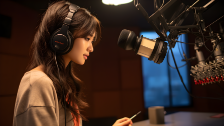 录音室中戴着耳机的亚洲女孩摄影图片