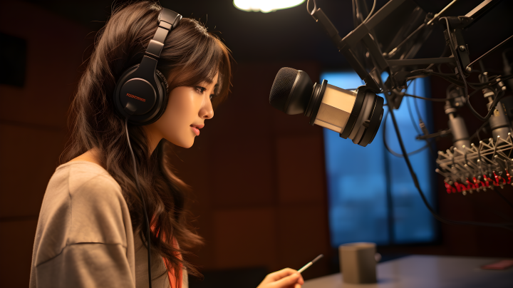 录音室中戴着耳机的亚洲女孩摄影版权图片下载