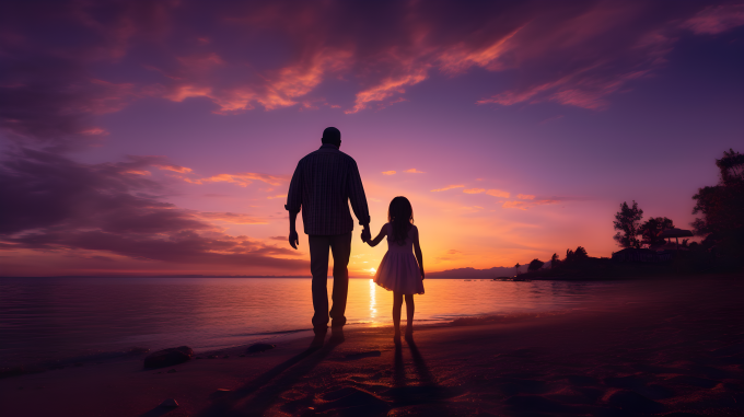 黄昏中父女牵手摄影图