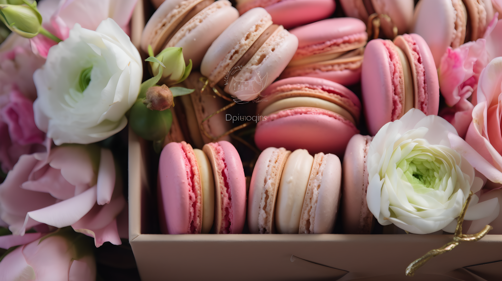 粉色花朵马卡龙的礼盒特写摄影版权图片下载