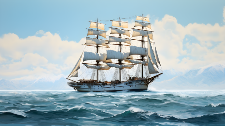 蓝水上漂浮的大白帆船摄影版权图片下载