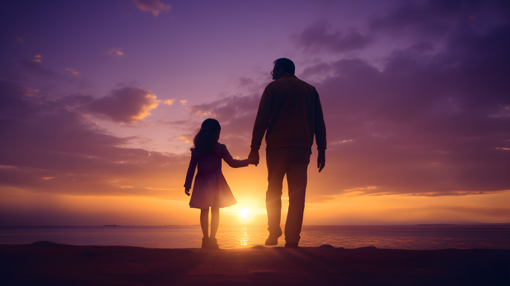 夕阳下父女牵手摄影图