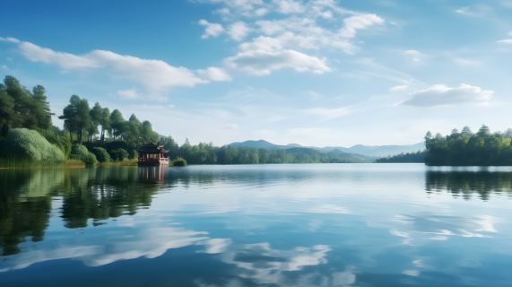 湖光山色，倒映蓝天白云的宁静柔和摄影图片