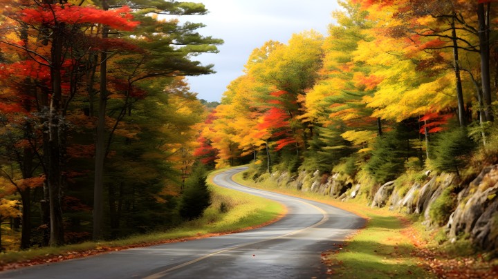 秋天彩叶环绕的蜿蜒小路摄影版权图片下载