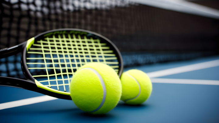 网球球拍和网球在球网前的场地上摆放摄影版权图片下载