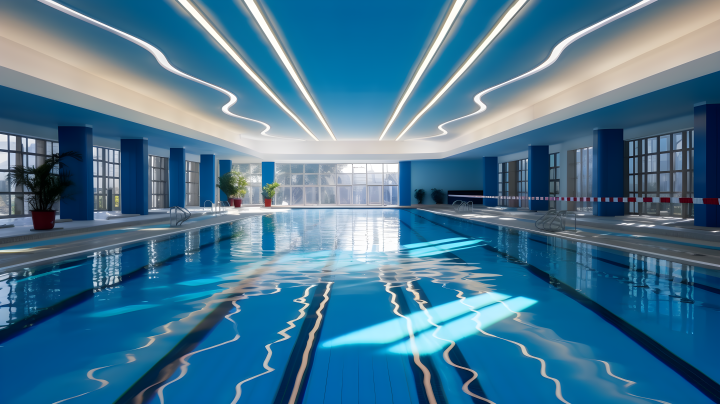 清新宽敞的室内游泳池摄影版权图片下载