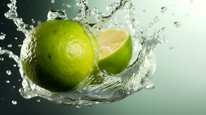 柠檬落入水中，引发一系列气泡的超写实风格摄影版权图片下载