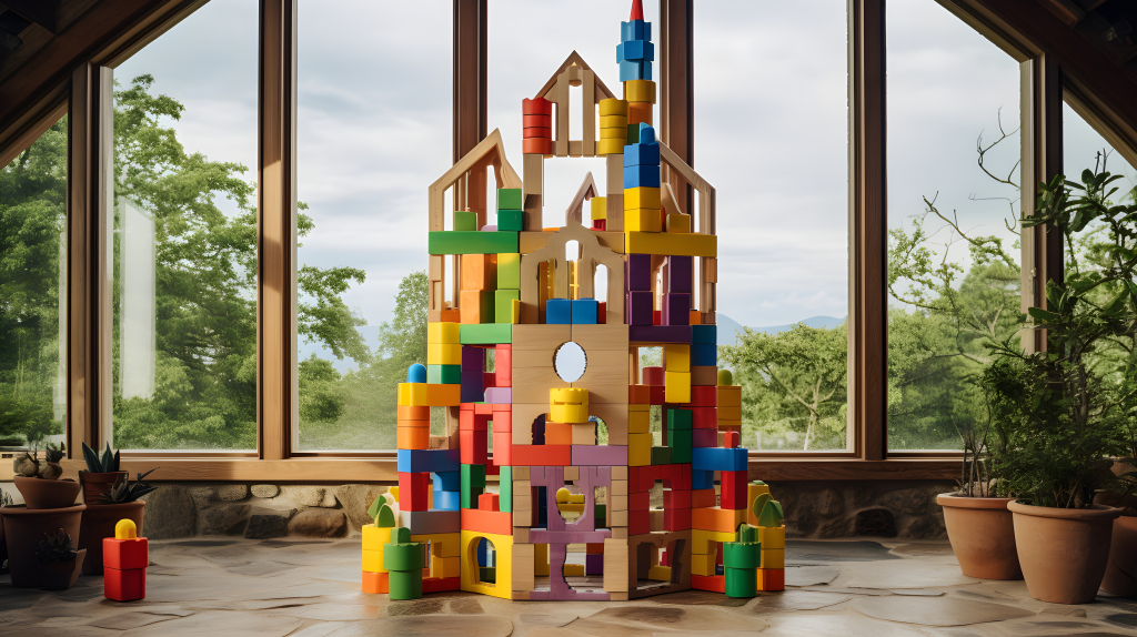 彩色积木木制城堡前的窗户摄影版权图片下载