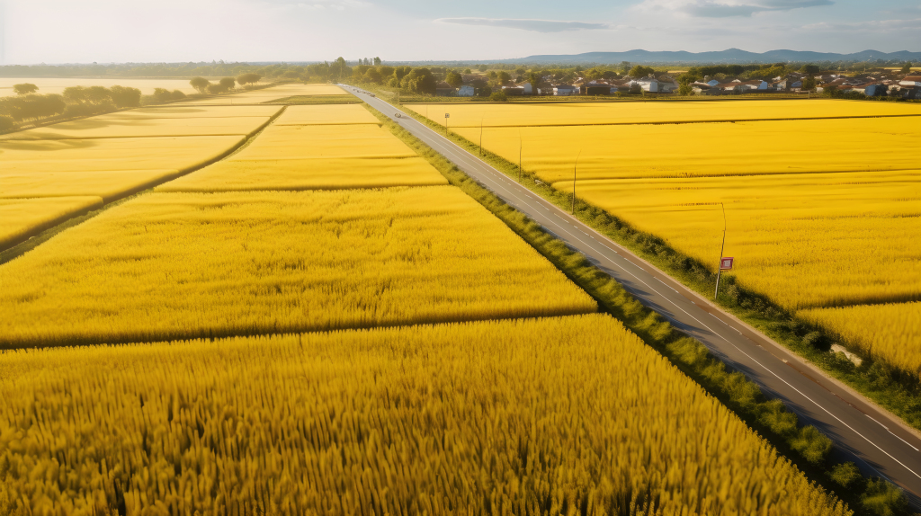 金黄麦田之路摄影图片