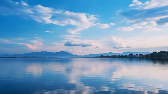 湖光山色，倒影清澈蔚蓝，静谧柔和摄影图片