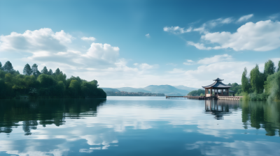 湖光山色，倒映蓝天白云，静谧柔和的写实风格摄影图片