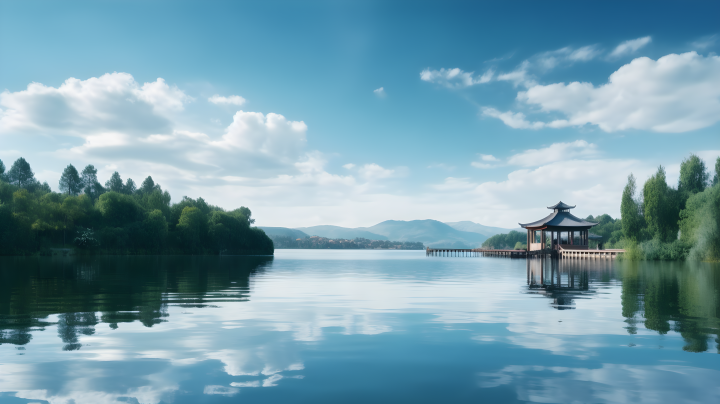湖光山色，倒映蓝天白云，静谧柔和的写实风格摄影版权图片下载