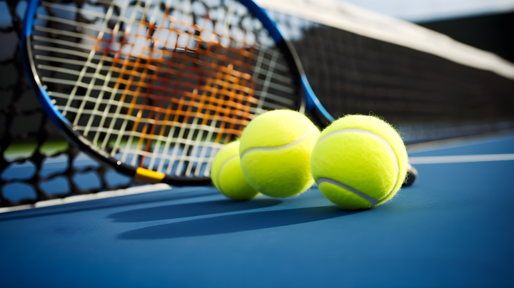 网球场地上的球拍和网球摄影版权图片下载