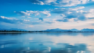 湖泊清澈如镜，倒映蓝天白云，宁静柔和的摄影图片