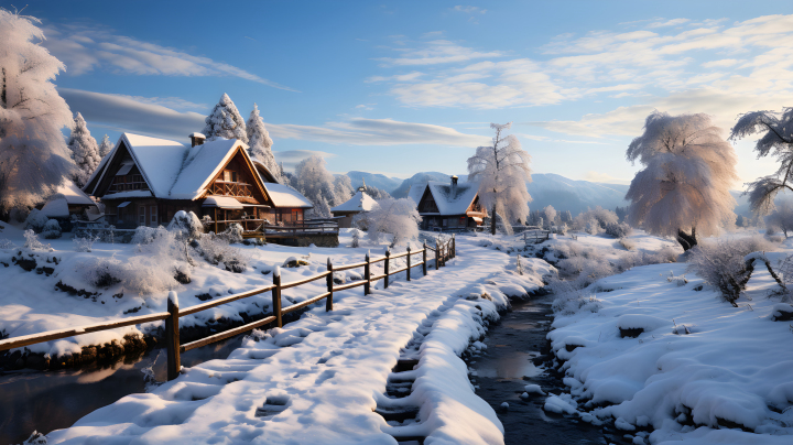 雪中小村庄沿着路径的摄影版权图片下载