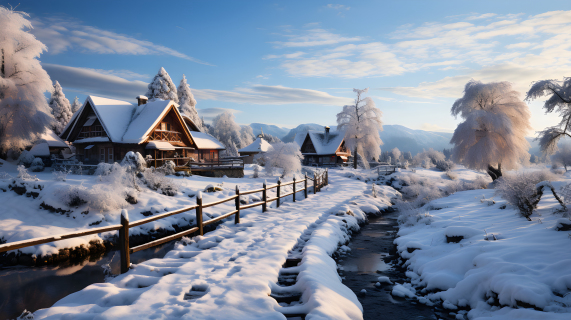 雪中小村庄沿着路径的摄影图片
