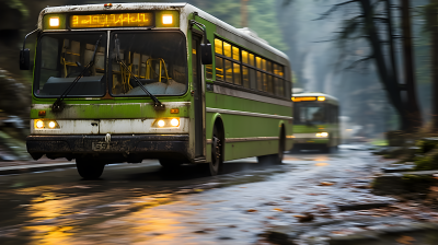 雨天绿色公交车摄影图片