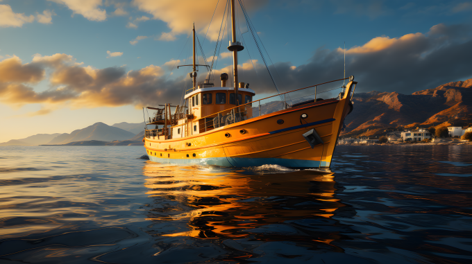 蓝黄船在海湾中穿行的摄影图片