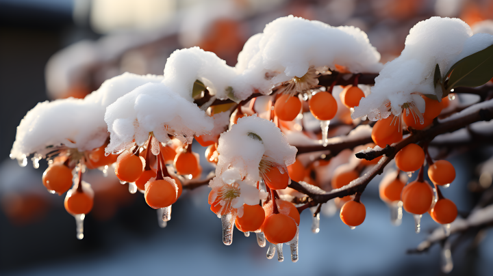 橙树枝上的雪景摄影版权图片下载