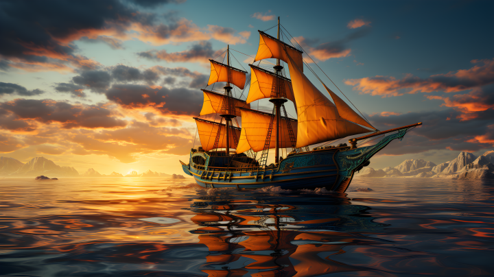 地中海风情的蓝黄船在海湾中航行的动感摄影图版权图片下载