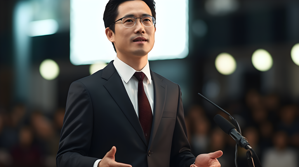 亚洲人穿着西装在领奖台表达感激之情摄影图版权图片下载