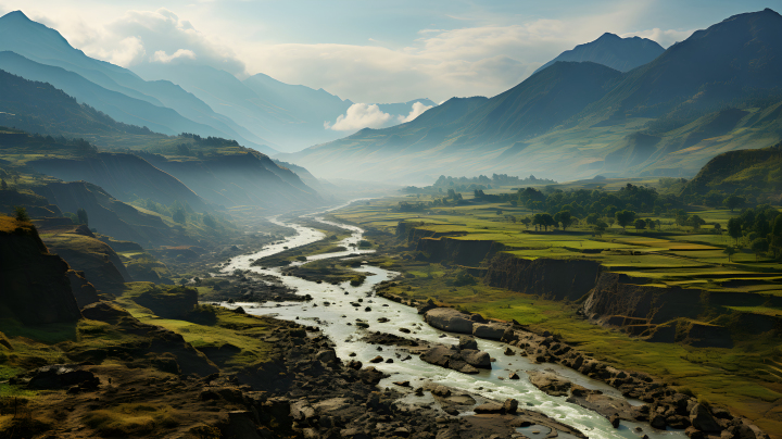 中国山谷与山脉的航拍摄影图版权图片下载