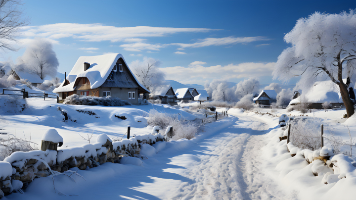 冬日小径上的雪村摄影版权图片下载