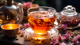 清晨一杯清香的玫瑰花茶摄影图片