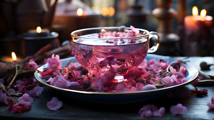 茶杯中的花瓣摄影版权图片下载