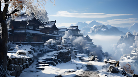 雪覆乡村中国传统风格的摄影图片