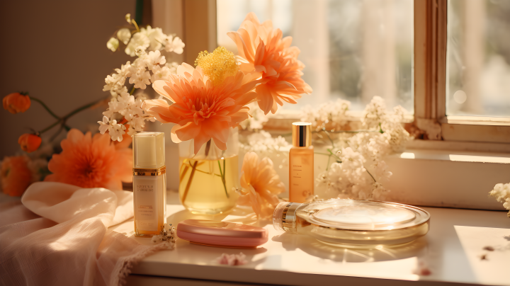 梦幻粉黄与淡橘交织的化妆品鲜花摄影图版权图片下载